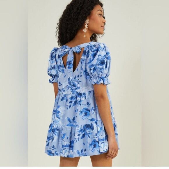ALTAR D’STATE MINI DRESS SMOCKED OVERSIZED TIERED BLUE FLORAL SZ M AESTHETIC - Picture 5 of 16